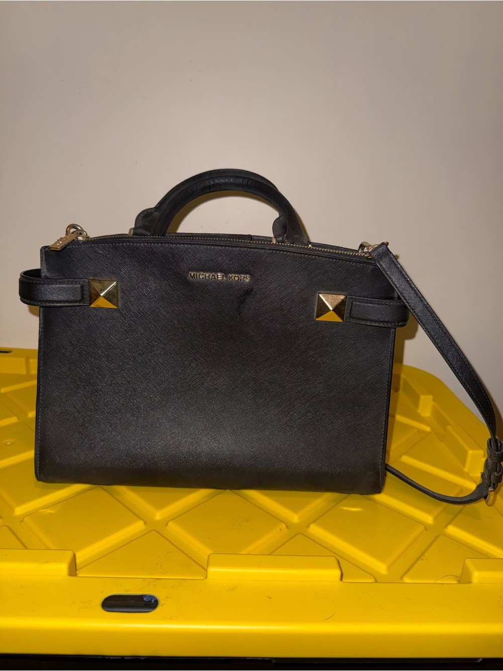 Michael Kors Black Leather Satchel with Gold Stud Details